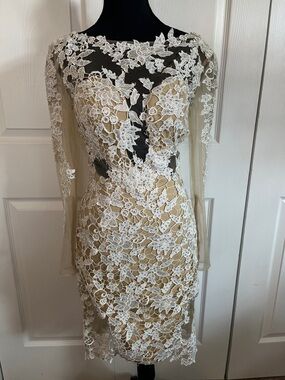 Mac Duggal Nude and White Lace Long Sleeve Cocktail Dress